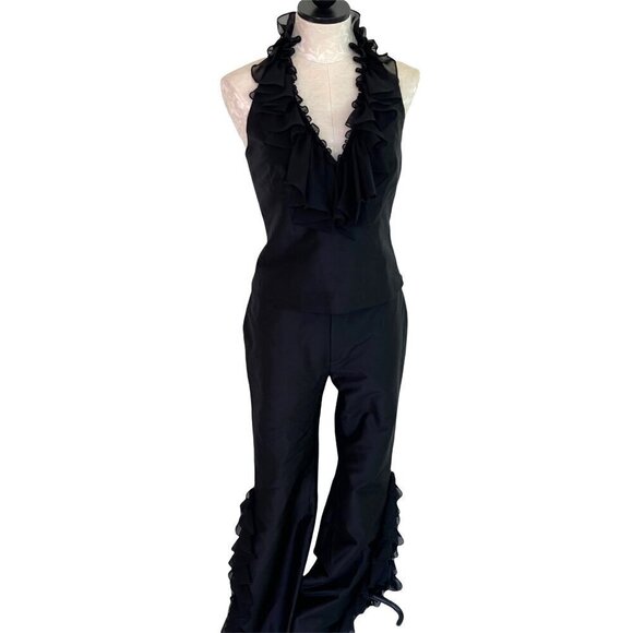 Max Nugus Womens Top Pant Suit Size 8 Black Ruffle Halter Bottom Haute Couture - Picture 1 of 10